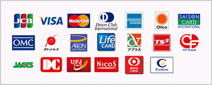 JCB,VISA,MasterCard,DinersClub,AmericanExpress,Orico,SaisonCard,OMC,ポケットカード,AEONCard,LifeCard,アプラス,TS3,CFCard,JACCS,DC,UFJ,NICOS,MUFGCard,Cedyna