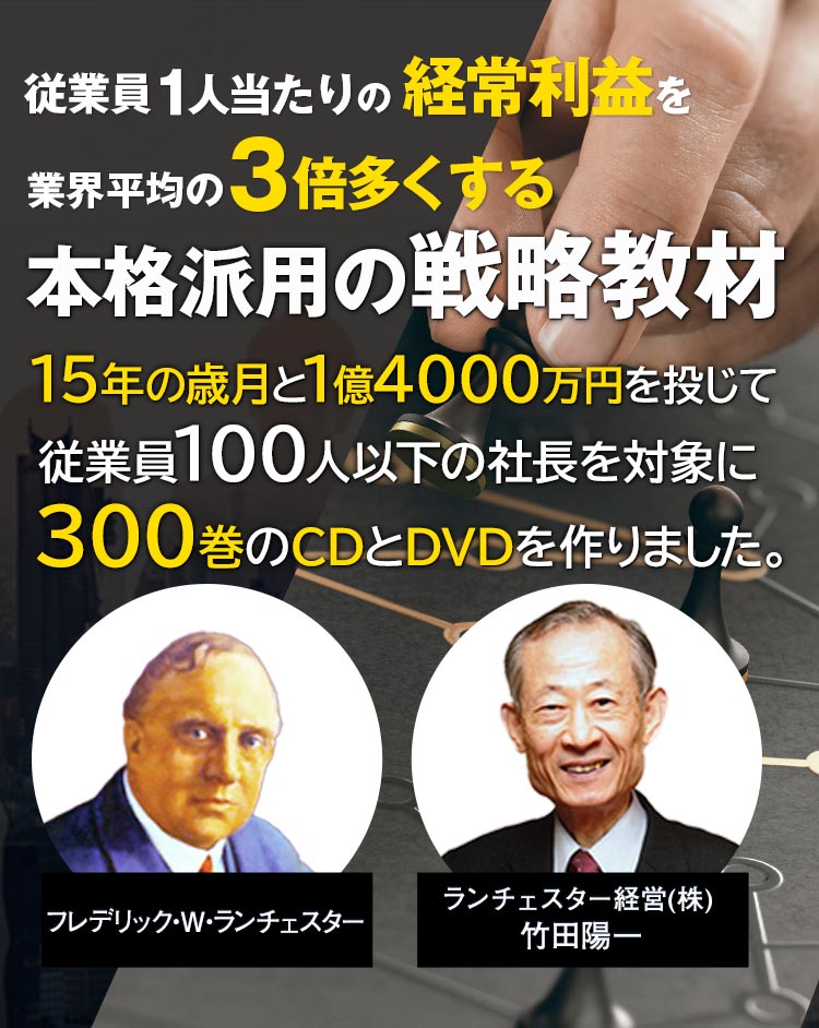 競争の法則を発表したＦ・ランチェスター(英国生まれ、1866～1946)。そのランチェスター法則を経営学に応用しているのが竹田陽一です。ランチェスター経営(株)では地域、商品、顧客対策で1位になれる方法を説明したランチェスター戦略教材を製作・販売しています。