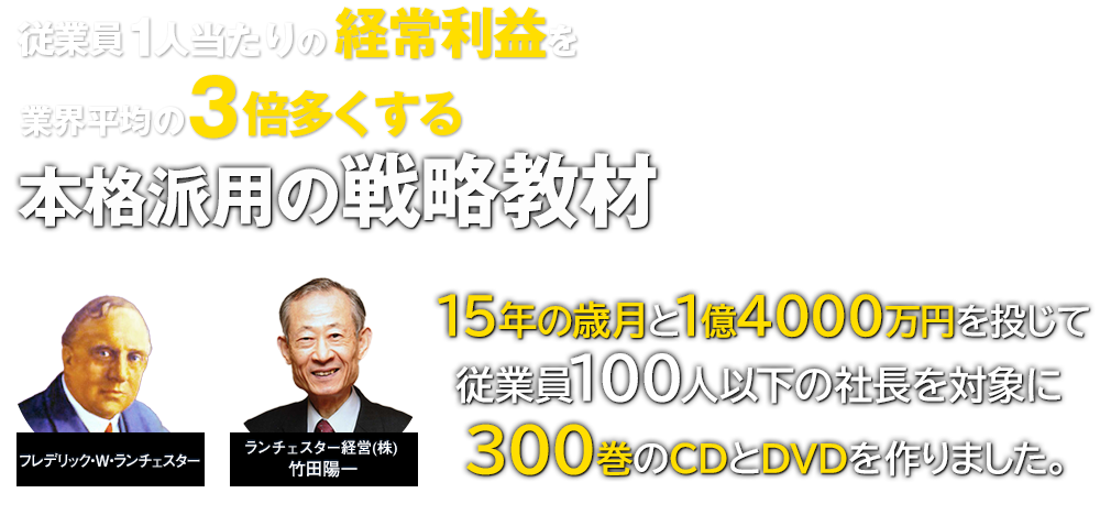 競争の法則を発表したＦ・ランチェスター(英国生まれ、1866～1946)。そのランチェスター法則を経営学に応用しているのが竹田陽一です。ランチェスター経営(株)では地域、商品、顧客対策で1位になれる方法を説明したランチェスター戦略教材を製作・販売しています。